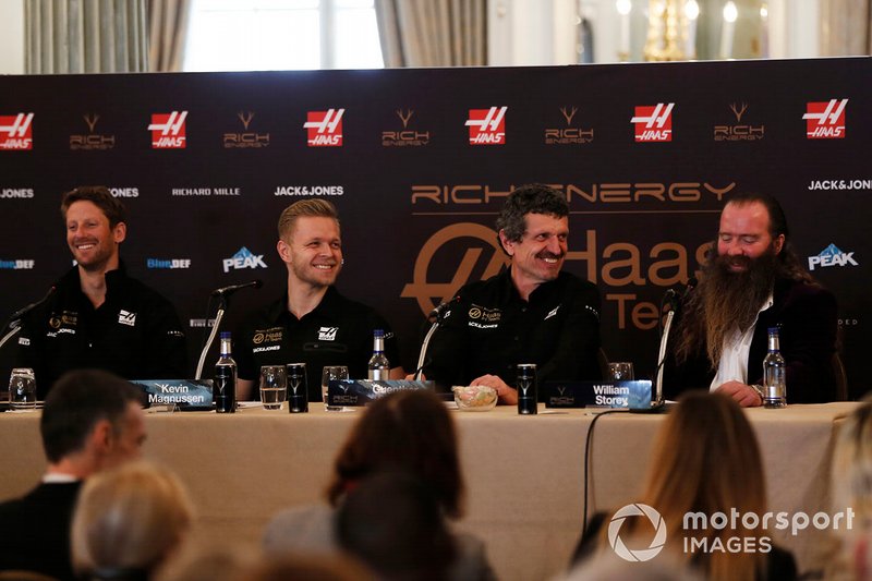 Romain Grosjean, Haas F1 Team, Kevin Magnussen, Haas F1 Team, Guenther Steiner, Team Principal, Haas F1, William Storey, CEO Rich Energy in the Press Conference