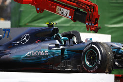 The car of Valtteri Bottas, Mercedes AMG F1 W08 on a truck after engine issues