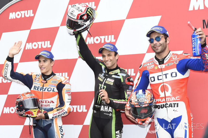 Los tres pireros calificados: Marc Márquez, Repsol Honda Team, ganador de la pole Johann Zarco, Monster Yamaha Tech 3, Danilo Petrucci, Pramac Racing