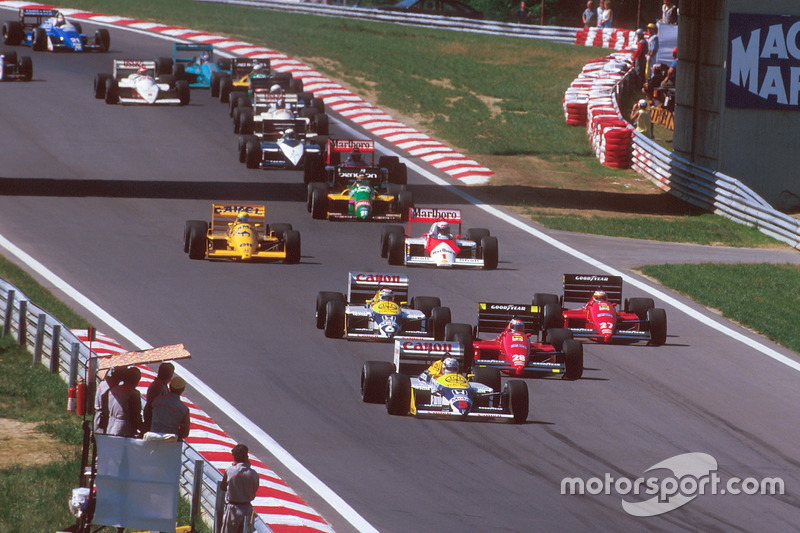 Nigel Mansell, Williams FW11B Honda, Gerhard Berger, Ferrari F187, Michele Alboreto, Ferrari F187, Nelson Piquet, Williams FW11B Honda, Alain Prost, McLaren MP4/3 TAG Porsche, ve Ayrton Senna, Team Lotus Honda 99T