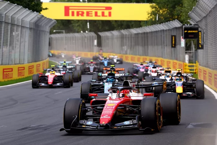 Charles Leclerc, Ferrari, George Russell, Mercedes, Isack Hadjar, Red Bull Racing