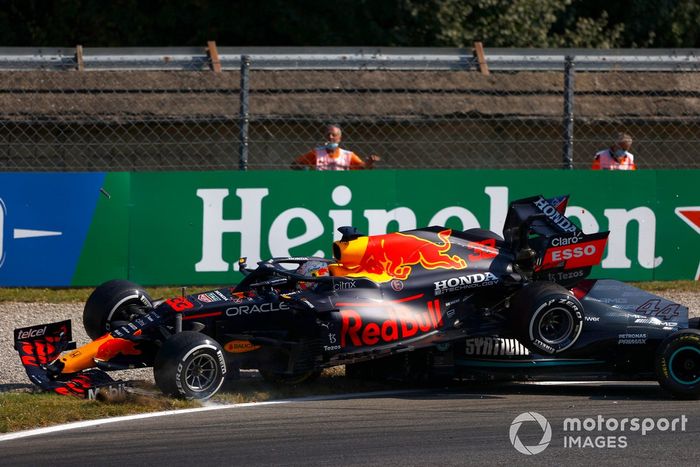 Lewis Hamilton, Mercedes W12 and Max Verstappen, Red Bull Racing RB16B, crash out