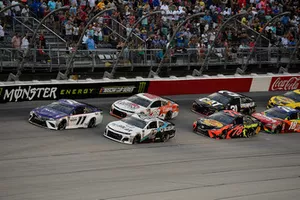 Denny Hamlin, Joe Gibbs Racing, Toyota Camry FedEx Throwback Toyota Camry, Kyle Larson, Chip Ganassi Racing, Chevrolet Camaro DC Solar, Alex Bowman, Hendrick Motorsports, Chevrolet Camaro LLumar, and Martin Truex Jr., Furniture Row Racing, Toyota Camry Bass Pro Shops/5-hour ENERGY