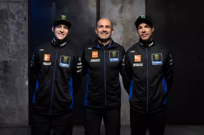 Fabio Quartararo, Yamaha Factory Racing, Franco Morbidelli, Yamaha Factory Racing, Massimo Meregalli, direttore del team Yamaha Factory Racing