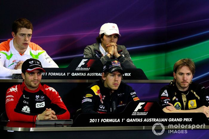 Conferencia de presnas: Jerome d'Ambrosio, Virgin MVR-02 Cosworth, Paul Di Resta, Force India VJM04 Mercedes, Sebastian Vettel, Red Bull Racing RB7 Renault, Nick Heidfeld, Lotus Renault GP R31, y Sergio Pérez, Sauber C30 Ferrari