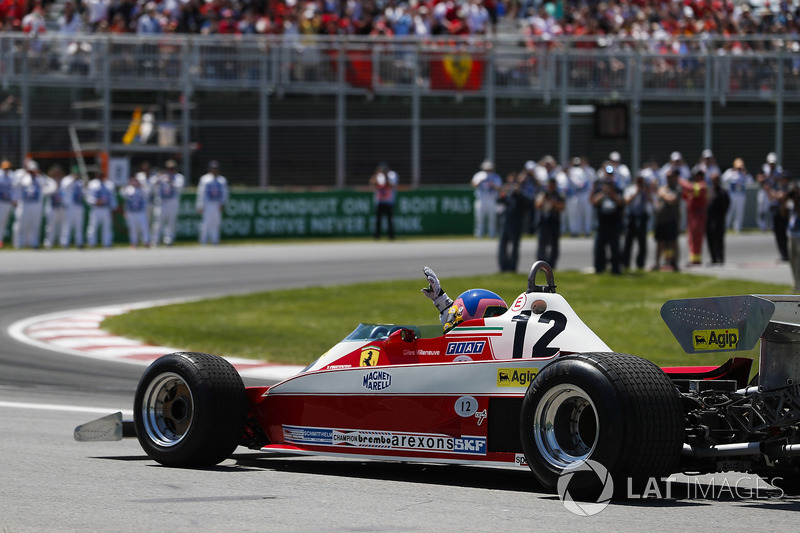 Jacques Villeneuve drives the Ferrari 312T3 driven by his father Gilles Villeneuve on a demonstratio