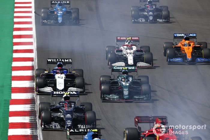Pierre Gasly, AlphaTauri AT02, Sebastian Vettel, Aston Martin AMR21, George Russell, Williams FW43B, Antonio Giovinazzi, Alfa Romeo Racing C41, Daniel Ricciardo, McLaren MCL35M, Fernando Alonso, Alpine A521