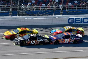 Joey Logano, Team Penske, Ford Fusion Shell Pennzoil, Aric Almirola, Stewart-Haas Racing, Ford Fusion Smithfield Bacon for Life, Denny Hamlin, Joe Gibbs Racing, Toyota Camry FedEx Ground, Kyle Busch, Joe Gibbs Racing, Toyota Camry M&M's