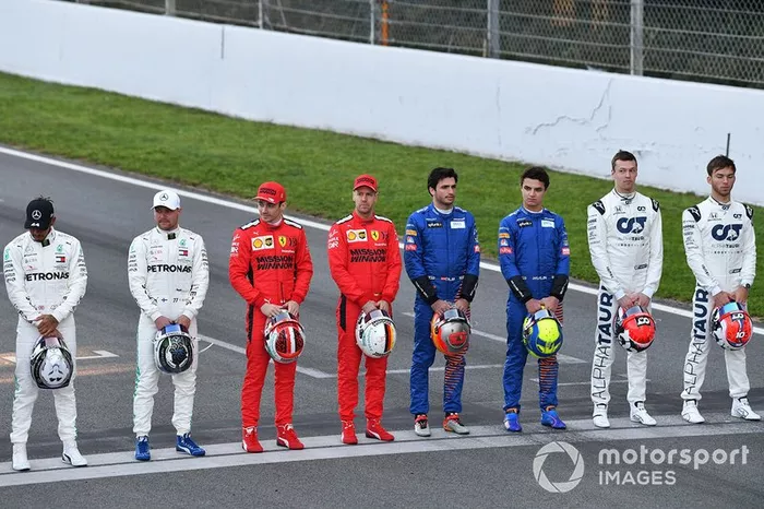 Lewis Hamilton, Mercedes-AMG Petronas F1, Valtteri Bottas, Mercedes-AMG Petronas F1, Charles Leclerc, Ferrari, Sebastian Vettel, Ferrari, Carlos Sainz, McLaren, Lando Norris, McLaren, Daniel Kvyat, AlphaTauri, y Pierre Gasly, AlphaTauri 