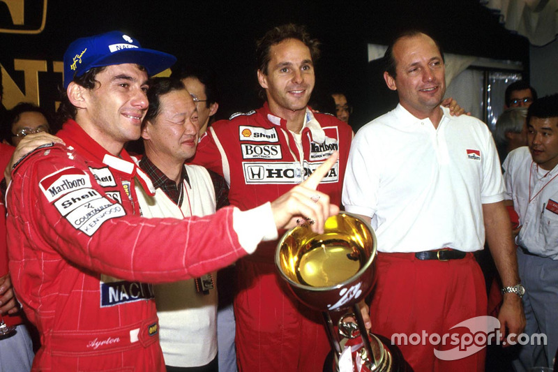 1991 World Champion Ayrton Senna, race winner Gerhard Berger, McLaren CEO Ron Dennis