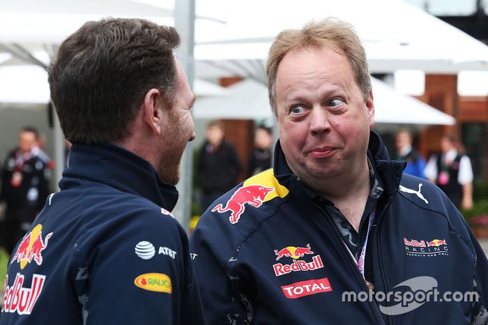Christian Horner, jefe de equipo de Red Bull Racing, con Andy Palmer, CEO de Aston Martin