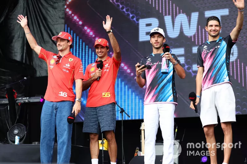 Charles Leclerc, Scuderia Ferrari, Carlos Sainz, Scuderia Ferrari, Pierre Gasly, Alpine F1 Team, Esteban Ocon, Alpine F1 Team, on stage in the Fan Forum