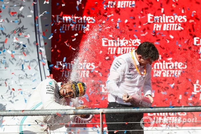 Lewis Hamilton, Mercedes AMG F1, celebrates on the podium with James Allison, Technical Director, Mercedes AMG
