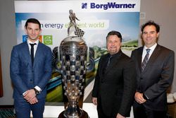 2016 Indy 500 winner Alexander Rossi with the Borg-Warner trophy and team owner Michael Andretti and