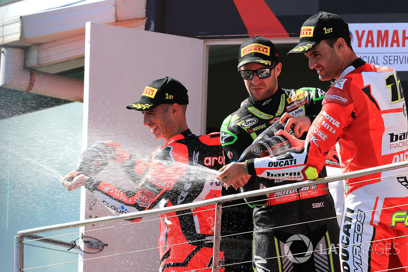 Podium: race winner Marco Melandri, Aruba.it Racing-Ducati SBK Team, second place Jonathan Rea, Kawasaki Racing, third place Xavi Fores, Barni Racing Team