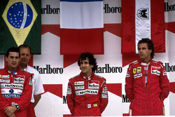 Podium: race winner Alain Prost, McLaren, second place Ayrton Senna, McLaren, third place Gerhard Berger, Ferrari