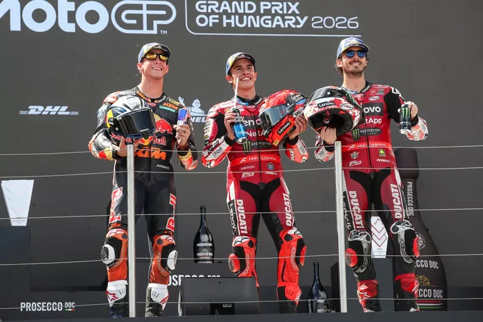 Pedro Acosta, Red Bull KTM Factory Racing; Francesco Bagnaia, Ducati Team; Marc Marquez, Ducati Team