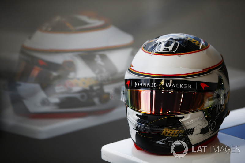 Helmet detail of Stoffel Vandoorne, McLaren, showing a new design for his home grand prix