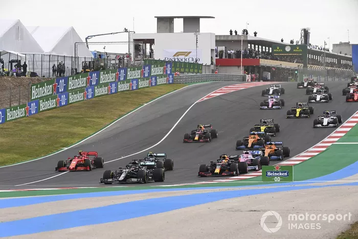 Lewis Hamilton, Mercedes F1 W11, Valtteri Bottas, Mercedes F1 W11, Max Verstappen, Red Bull Racing RB16, leads, Sergio Pérez, Racing Point RP20,