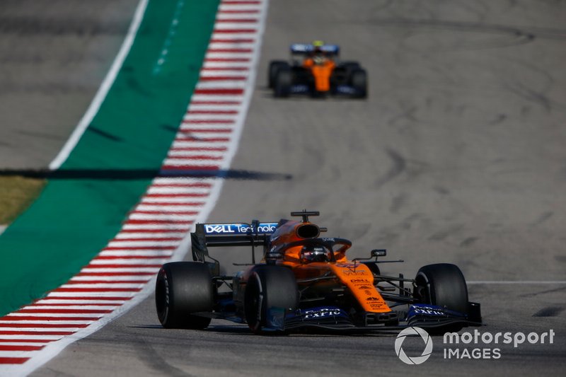 Carlos Sainz Jr., McLaren MCL34, leads Lando Norris, McLaren MCL34