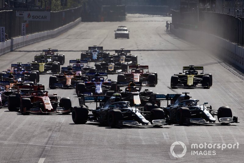 Valtteri Bottas and Lewis Hamilton go wheel to wheel at the start of the 2019 Azerbaijan GP