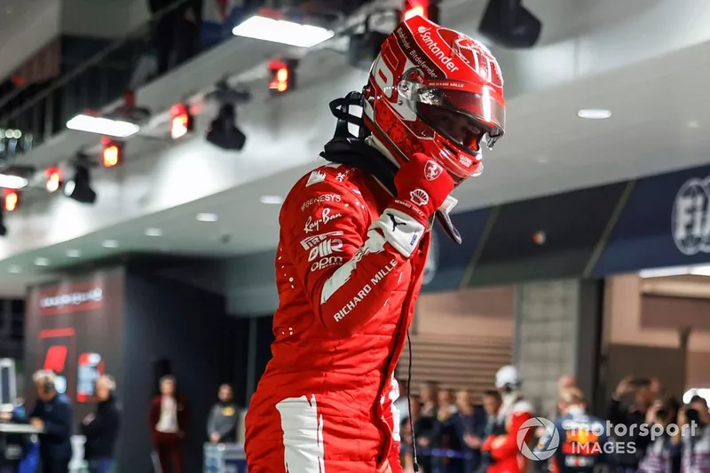 Pole man Charles Leclerc, Scuderia Ferrari, arrives in Parc Ferme