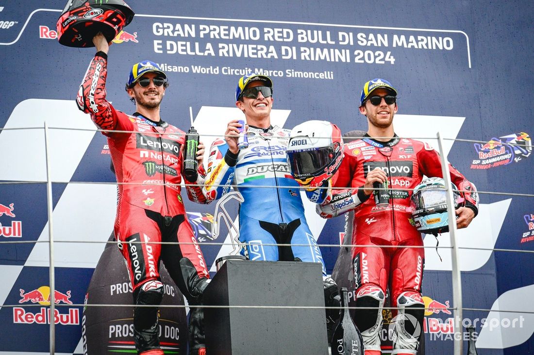 Marc Márquez, Gresini Racing Team, Francesco Bagnaia, Ducati Team, Enea Bastianini, podio Ducati Team