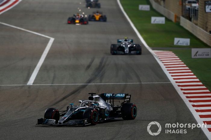 Lewis Hamilton, Mercedes AMG F1 W10, leads Valtteri Bottas, Mercedes AMG W10