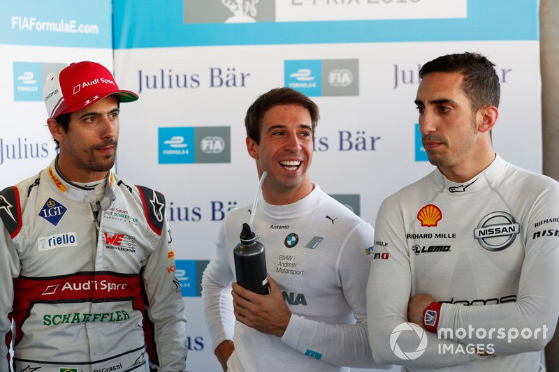 Lucas Di Grassi , Audi Sport ABT Schaeffler, Antonio Felix da Costa , BMW I Andretti Motorsports, and Sébastien Buemi , Nissan e.Dams