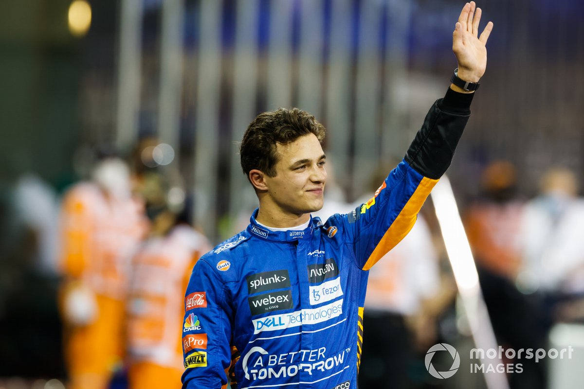 Lando Norris, McLaren, gives a thumbs up after securing third on the grid