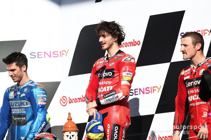 Podio: tercer lugar Jack Miller, Ducati Team, Ganador Francesco Bagnaia, Ducati Team, segundo lugar Joan Mir, Team Suzuki MotoGP