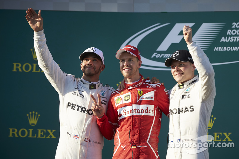 Podium: 2. Lewis Hamilton, Mercedes AMG; 1. Sebastian Vettel, Ferrari; 3. Valtteri Bottas, Mercedes 