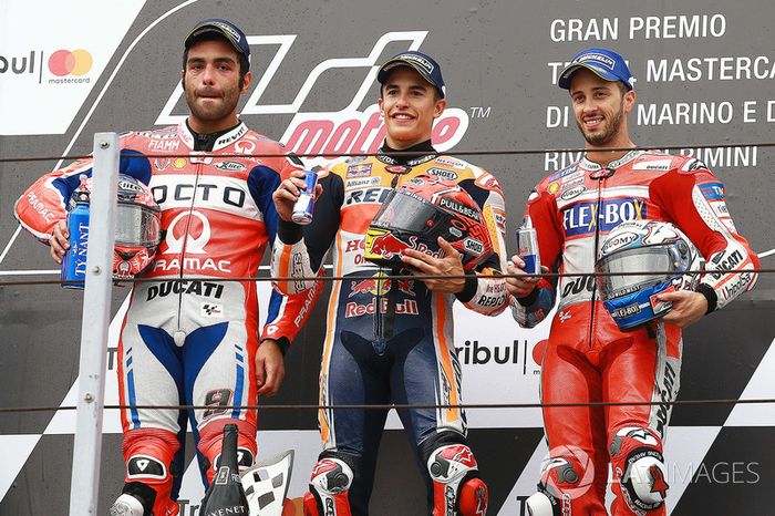 Podio de Misano 2017: Ganador Marc Marquez, Repsol Honda Team, segundo Danilo Petrucci, Pramac Racing, y tercero Andrea Dovizioso, Ducati Team