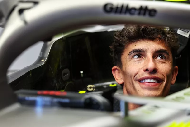 Marc Marquez in the Audi F1 Team R26 in the garage.