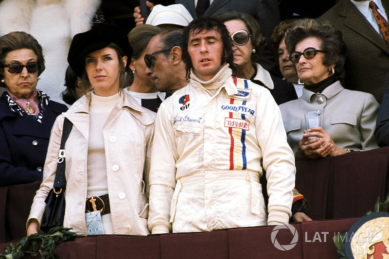 Podium: winner Jackie Stewart, Tyrrell, with wife Helen