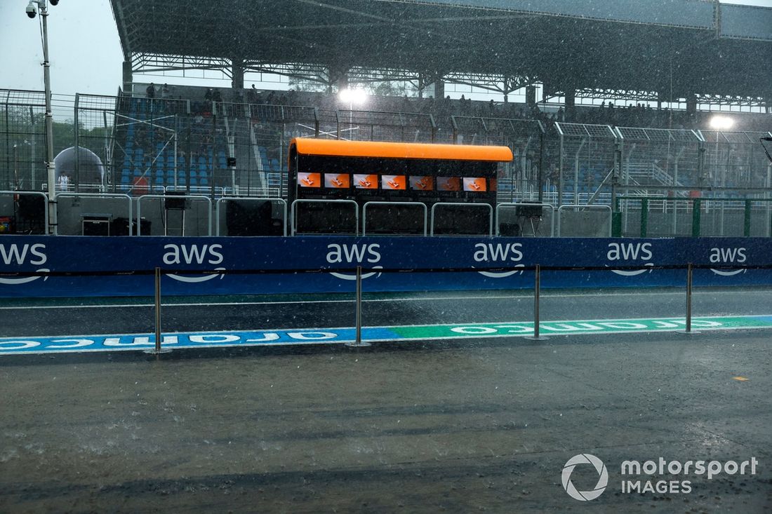 El muro de boxes de McLaren vacío, mientras llueve en el pit lane. 