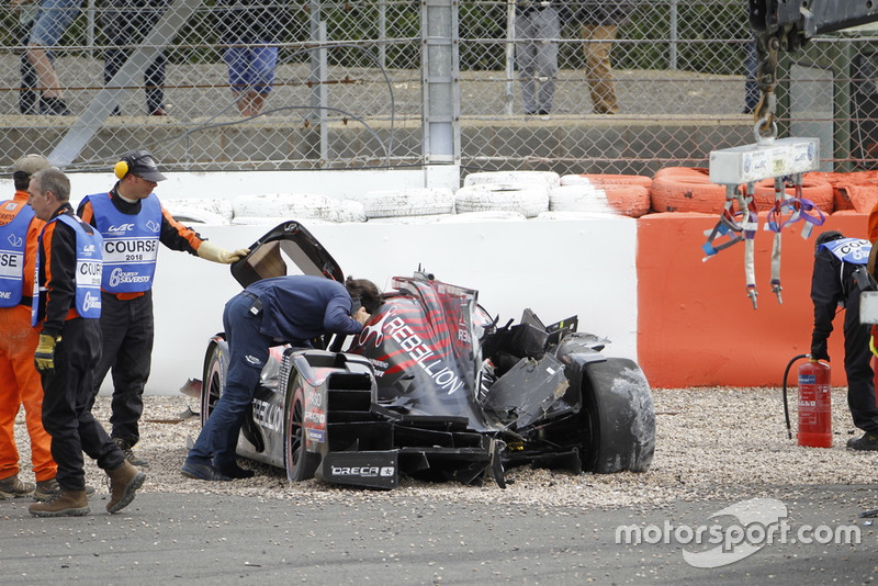 The car of #1 Rebellion Racing Rebellion R-13: Andre Lotterer, Neel Jani, Bruno Senna after the crash
