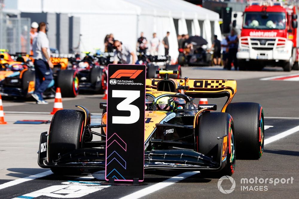 Lando Norris, McLaren MCL60, arrives in Parc Ferme after Qualifying