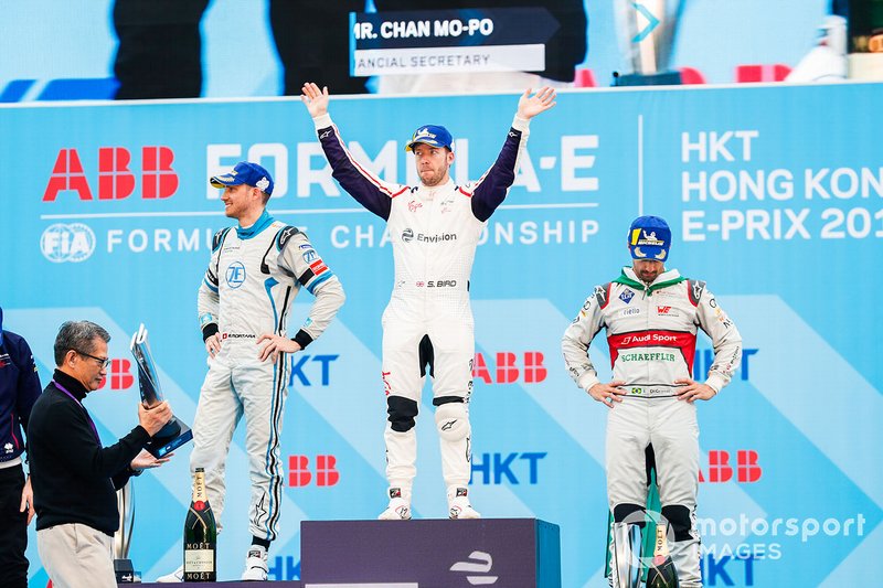 Race winner Sam Bird, Envision Virgin Racing with Edoardo Mortara, Venturi Formula E, 2nd position, Lucas Di Grassi, Audi Sport ABT Schaeffler, 3rd position on the podium