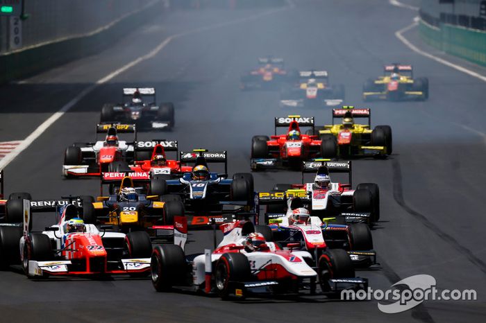 Nobuharu Matsushita, ART Grand Prix, Oliver Rowland, MP Motorsport, Luca Ghiotto, Trident, Antonio Giovinazzi, PREMA Racing, Sergey Sirotkin, ART Grand Prix, & Artem Markelov, RUSSIAN TIME 