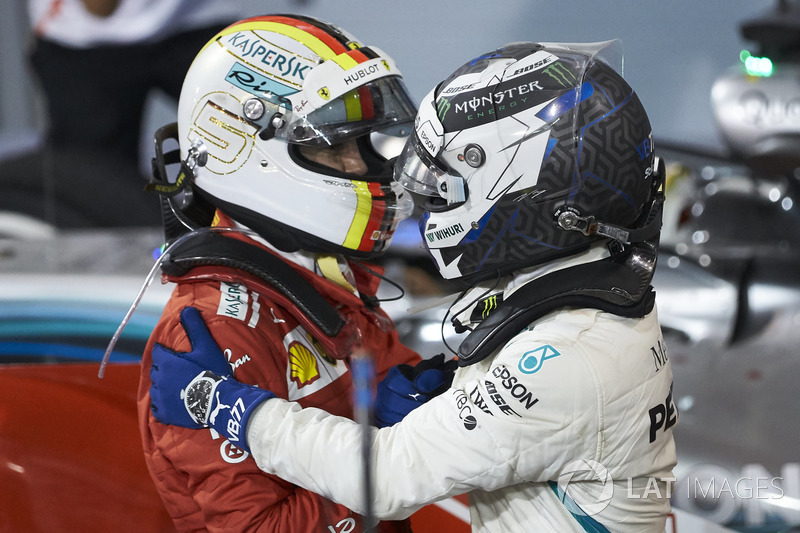 Valtteri Bottas, Mercedes AMG F1, 2nd position, congratulates Sebastian Vettel, Ferrari, 1st position, in Parc Ferme