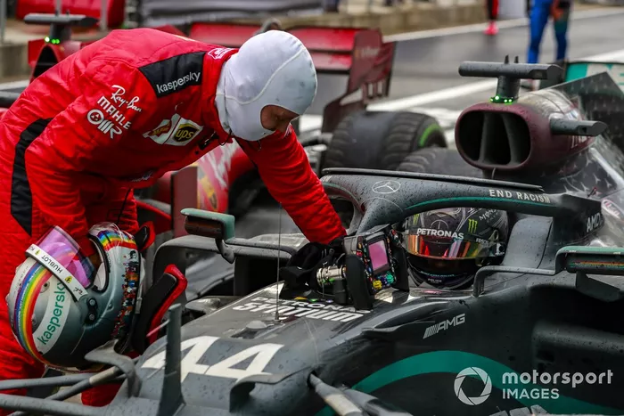 Sebastian Vettel, Ferrari, 3rd position, congratulates Lewis Hamilton, Mercedes-AMG F1, 1st position, in Parc Ferme