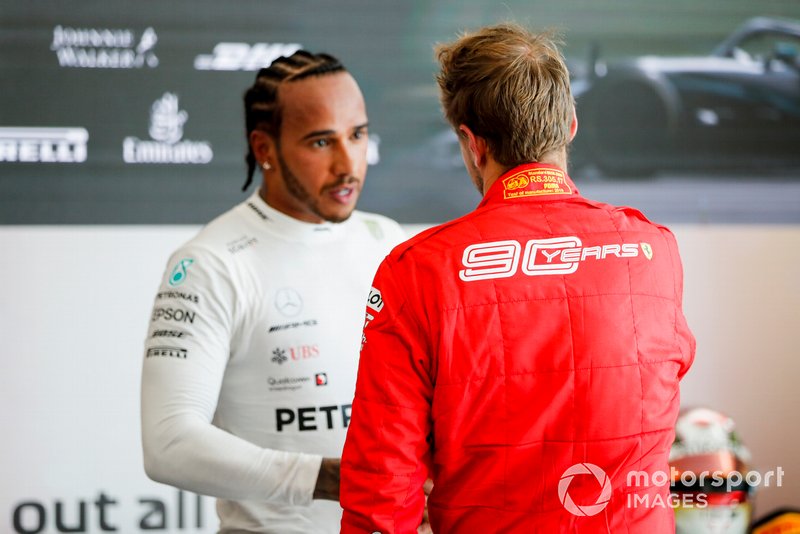 Lewis Hamilton, Mercedes AMG F1, 1st position, shakes hands with Sebastian Vettel, Ferrari, 2nd position, after the race