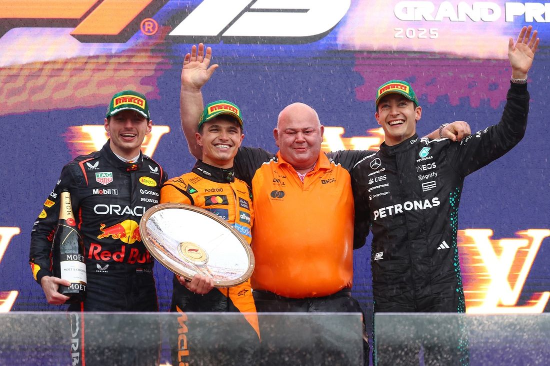 Podium: Max Verstappen, Red Bull Racing, Lando Norris, McLaren, George Russell, Mercedes
