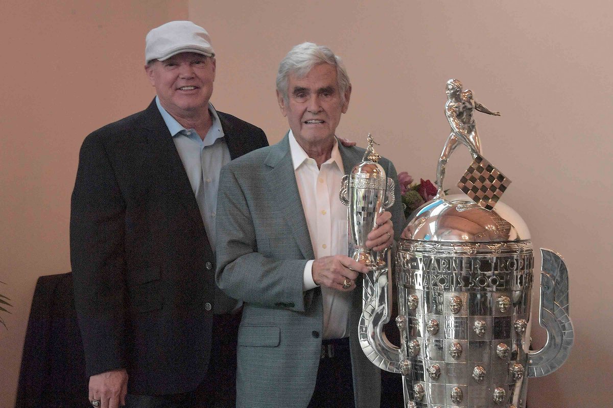 Al Unser Jr, Al Unser,  Baby Borg, and the iconic Borg-Warner Trophy.