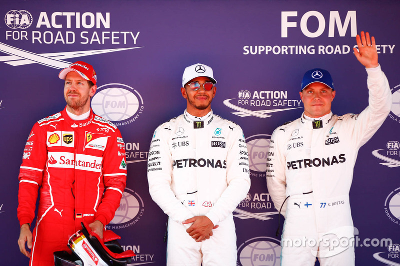 Polesitter Lewis Hamilton, Mercedes AMG F1; 2. Sebastian Vettel, Ferrari; 3. Valtteri Bottas, Merced