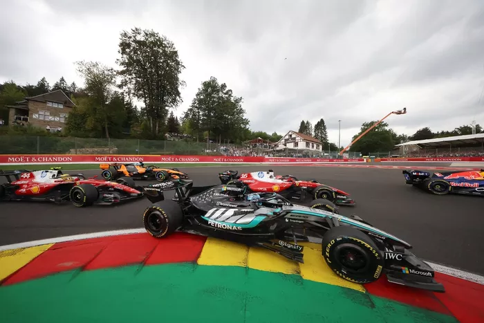 Charles Leclerc, Ferrari; Lewis Hamilton, Ferrari; George Russell, Mercedes