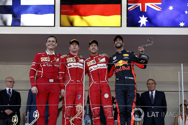6º Podio del GP de Mónaco 2017 - Kimi Raikkonen, Ferrari; 1º Sebastian Vettel, Ferrari; 3º Daniel Ricciardo, Red Bull Racing