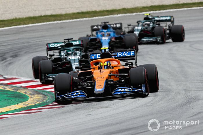 Lando Norris, McLaren MCL35M, Lance Stroll, Aston Martin AMR21, Fernando Alonso, Alpine A521, Sebastian Vettel, Aston Martin AMR21