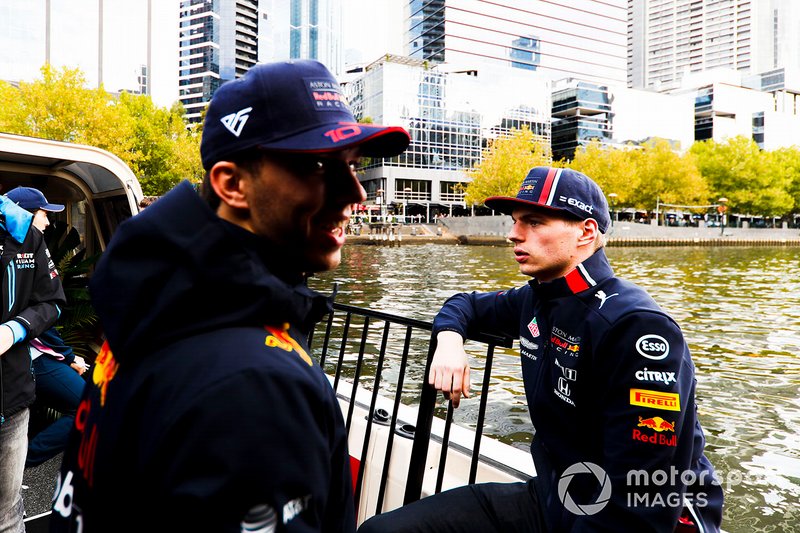 Max Verstappen, Red Bull Racing and Pierre Gasly, Red Bull Racing on the way to the Federation Square event
